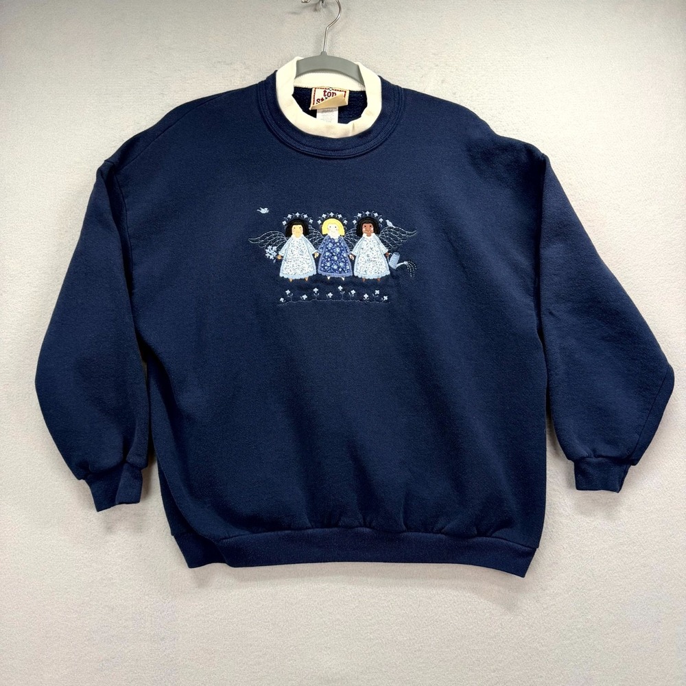 VTG Morning Sun Sweatshirt Womens Blue PL Blue‎ Embroidered Three Angels Grandma